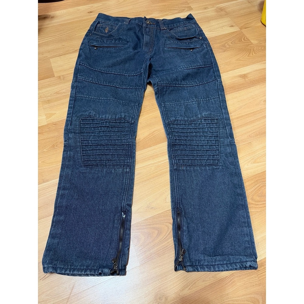 Rocawear Tapered Fit Moto Jeans Mens W34 Dark Wash Ribbed Knee Ankle Zip - Picture 2 of 11
